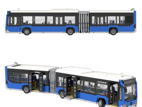 Mercedes Benz Citaro G MOC Lego - Apertura de puerta Autobús urbano de dos secciones en color azul y blanco con puertas de acceso.