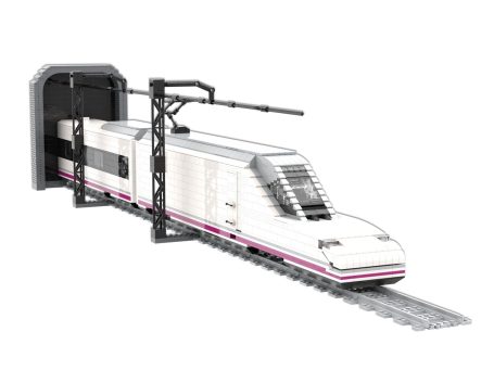 Tren Alta Velocidad Talgo 350 S102 Renfe MOC Lego - Vista superior Tren de alta velocidad Talgo 350 S102 saliendo de un túnel en una vía ferroviaria.