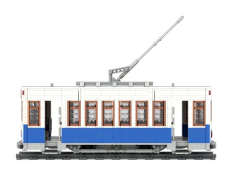Tranvía Charleroi II 1972 Madrid MOC Lego - Vista lateral Tren de estilo antiguo con detalles en azul y blanco, equipado con un pantógrafo.