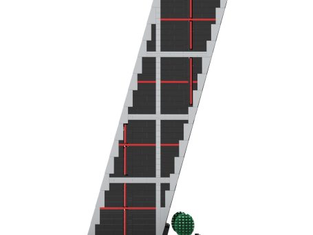 Edificio Puerta de Europa Kío (Madrid) MOC Lego - Vista lateral Edificio con fachada negra y líneas rojas, con unas figuras verdes en la base.