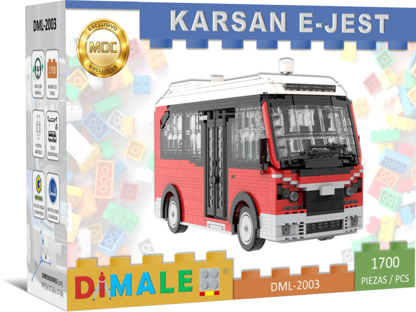 Maqueta de autobús Karsan E-Jest en colores rojo y blanco con piezas de construcción.