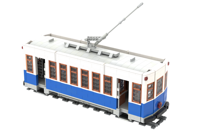Charleroi II Madrid - IV Tram de juguete con detalles en blanco y azul, puertas abiertas y pantógrafo elevado.
