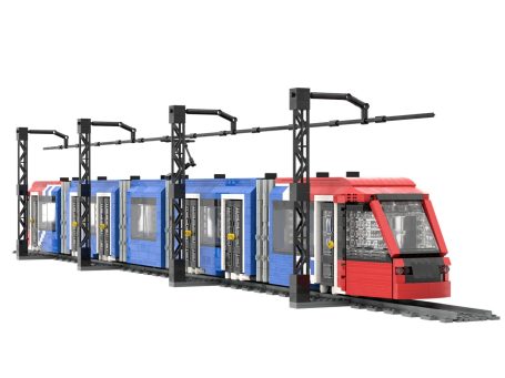 Tranvía Alstom Citadis S302 MLO Madrid MOC Lego Vista lateral Tren de juguete en colores rojo y azul, con varias puertas y detalles arquitectónicos.