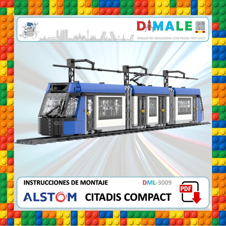 Tren ligero azul y blanco, modelo Citadis Compact, con fondo colorido de bloques.