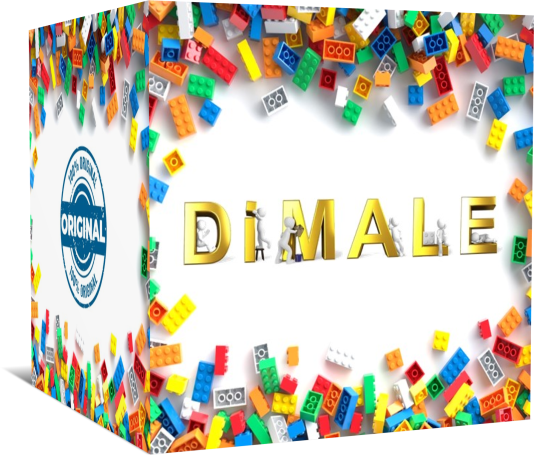 Caja decorada con bloques de colores y la palabra "DIMALE" en dorado en el centro.