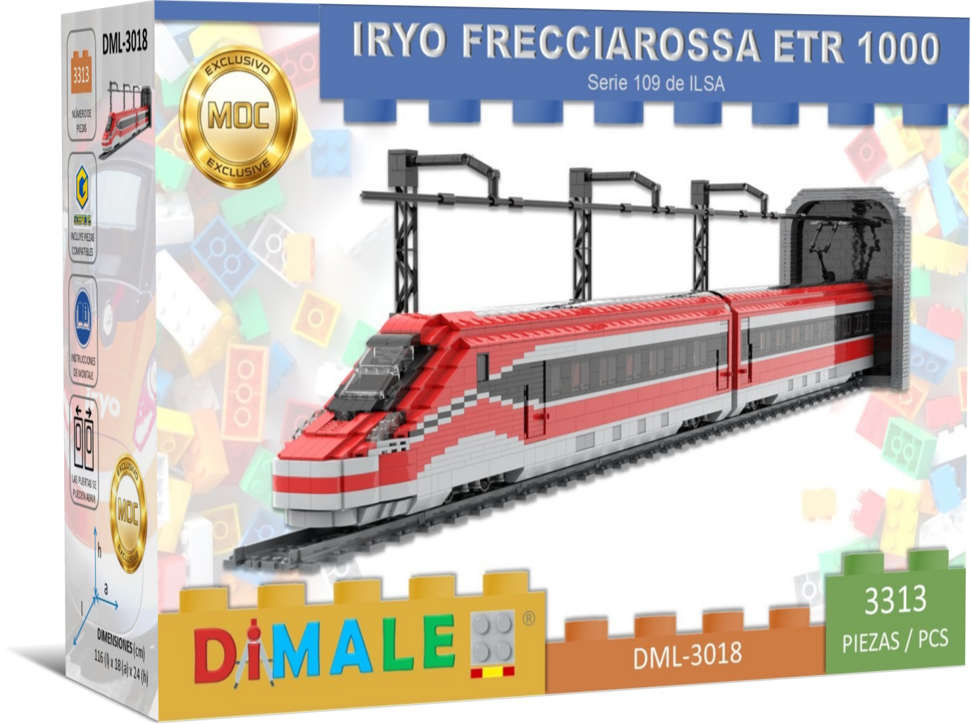 Modelo de tren de alta velocidad Frecciarossa ETR 1000 de Iryo en su caja.