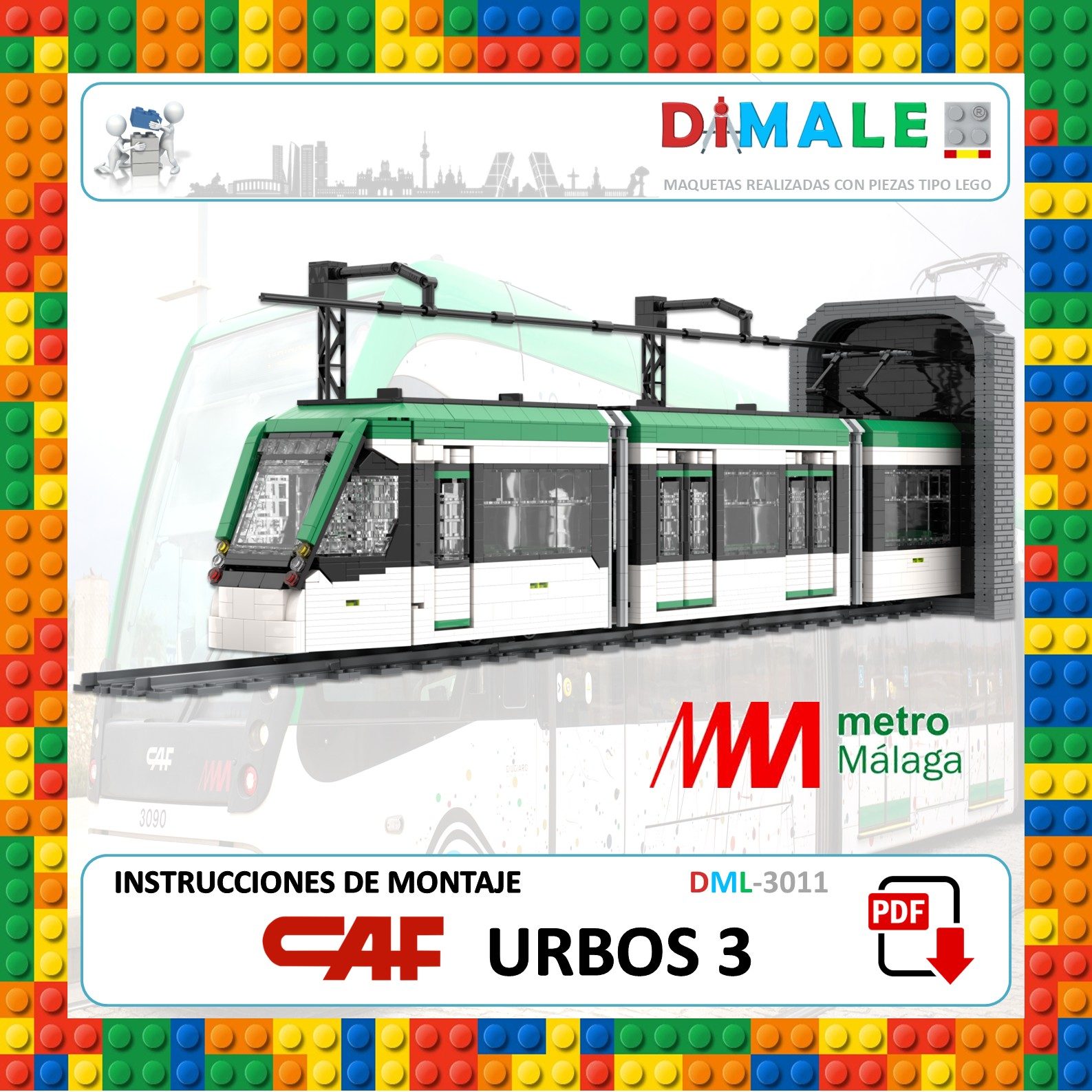 Maqueta del tranvía Urbos 3 de CAF en colores verde y blanco, con precio y logo de Dimale.
