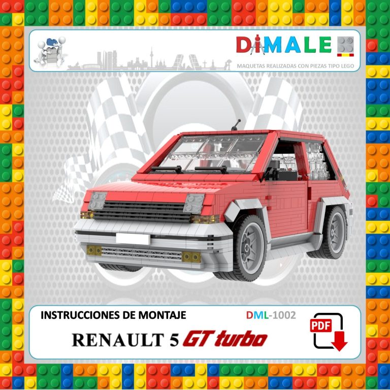 Maqueta del Renault 5 GT Turbo en bloques de construcción, con instrucciones de montaje.