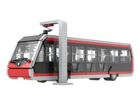 Autobús Irizar ie Tram 12 MOC Lego - Parte delantera Autobús urbano moderno de color rojo y negro, estacionado en una parada.