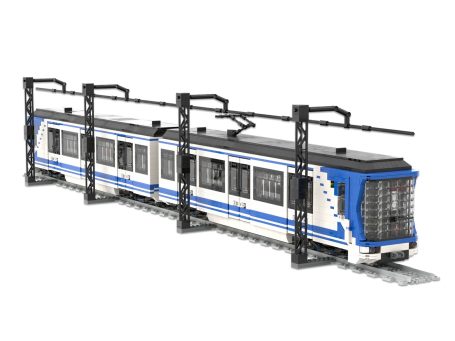 Tren CAF Serie 2000B Metro de Madrid MOC Lego - Vista lateral Tren CAF Serie 2000B Metro de Madrid de diseño moderno en colores azul y blanco, con dos secciones conectadas.
