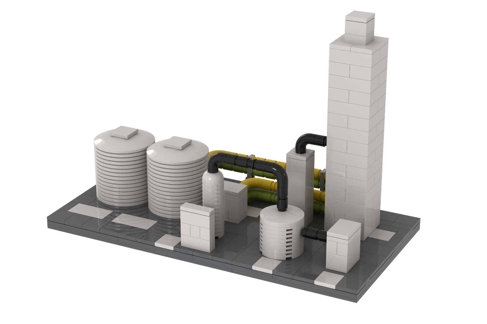 Planta proceso producción de gas MOC Lego Modelo 3D de una planta industrial con edificios y tanques.