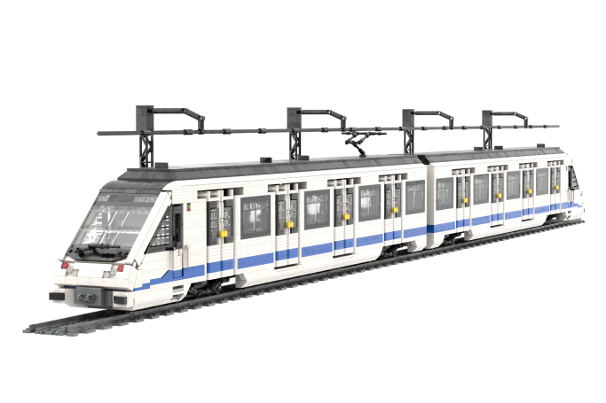 CAF serie 8000 (2 módulos) - I Tren urbano de diseño moderno con carrocería blanca y detalles en azul.