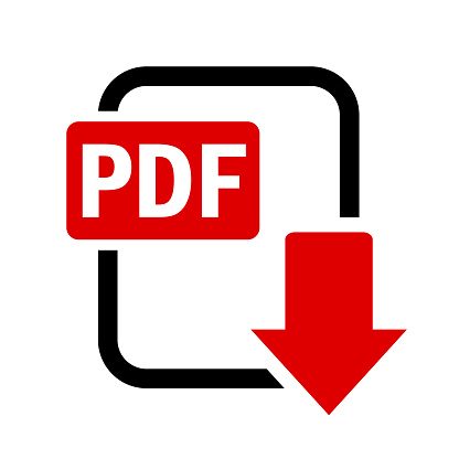Icono de descarga de PDF con una flecha hacia abajo y un fondo rectangular.