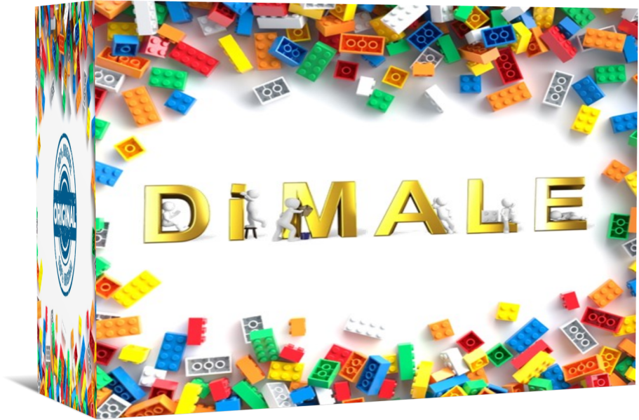 Caja con la palabra "DIMALE" en letras doradas rodeada de bloques de construcción de colores.