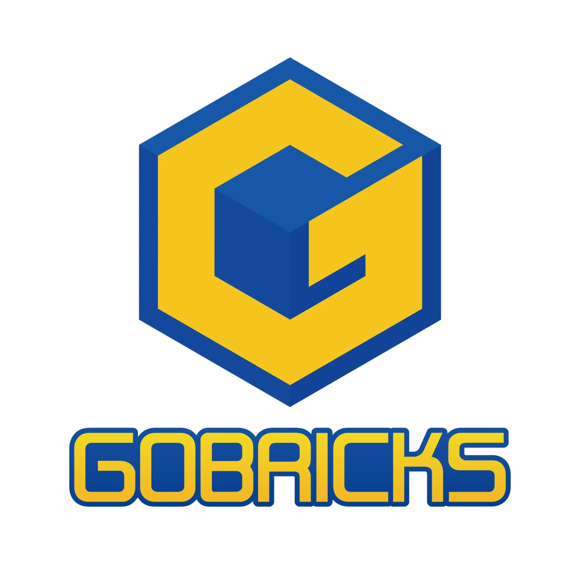 Logo de GoBricks, un diseño hexagonal con un cubo azul y letras amarillas.