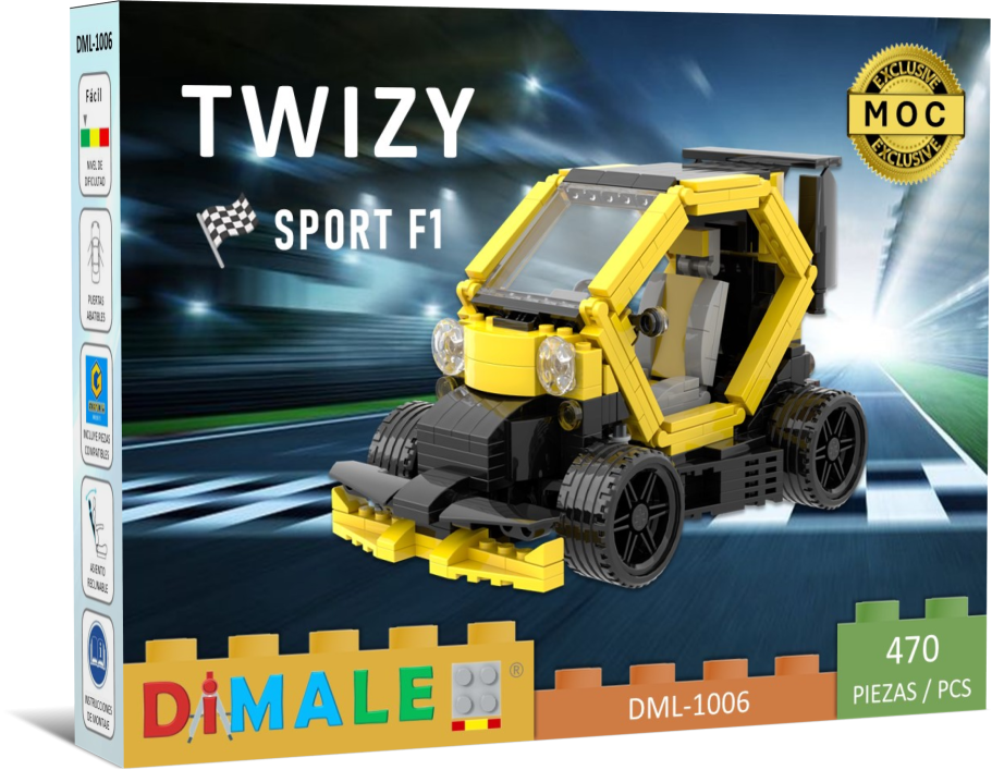 Renault Twizy Sport F1 juego construcción Lego MOC Caja de construcción de un coche Twizy Sport F1 en colores amarillo y negro.