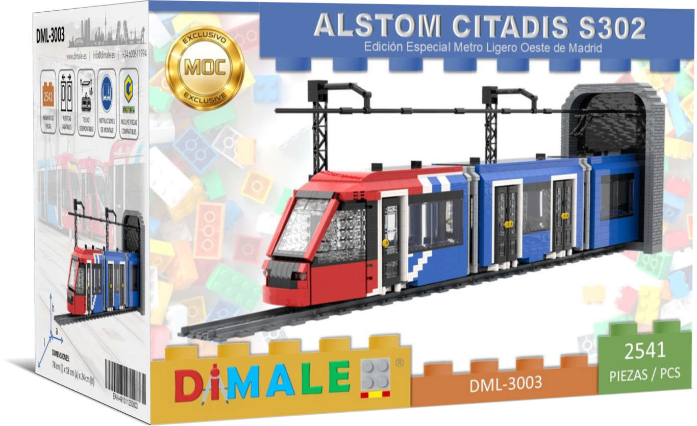 Tranvía Alstom Citadis S302 Madrid juego construcción Lego MOC Maqueta de tren Alstom Citadis S302 en colores rojo, azul y blanco.