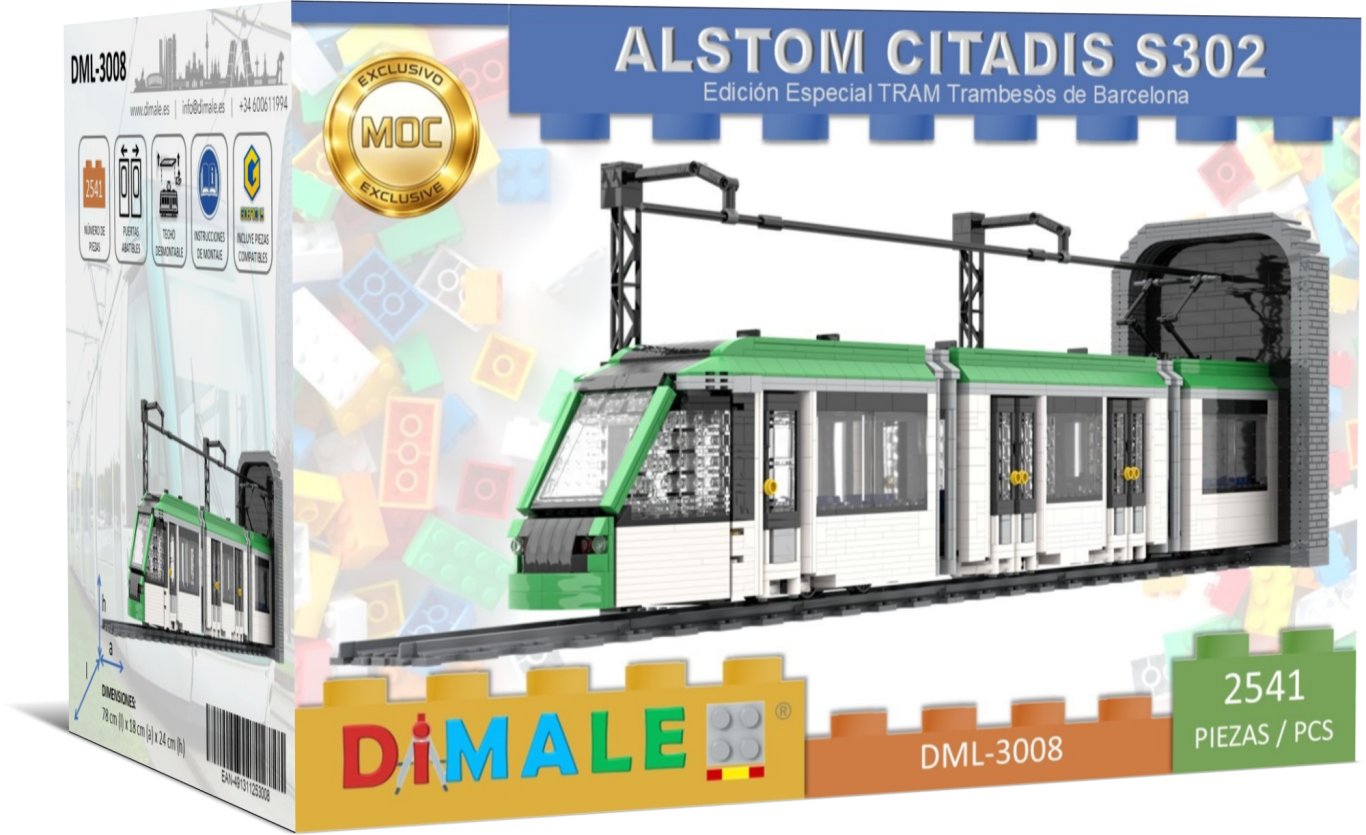 Tranvía Alstom Citadis S302 Trambesós Barcelona juego construcción Lego MOC Modelo de tren Alstom Citadis S302 de la marca DiMale en su embalaje.