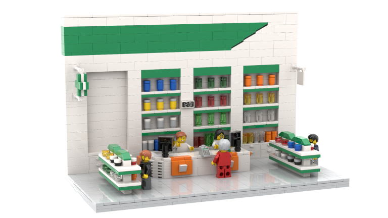 Tiendas pequeñas MOC lego Escena de una farmacia de juguete con estantes y minifiguras de LEGO.