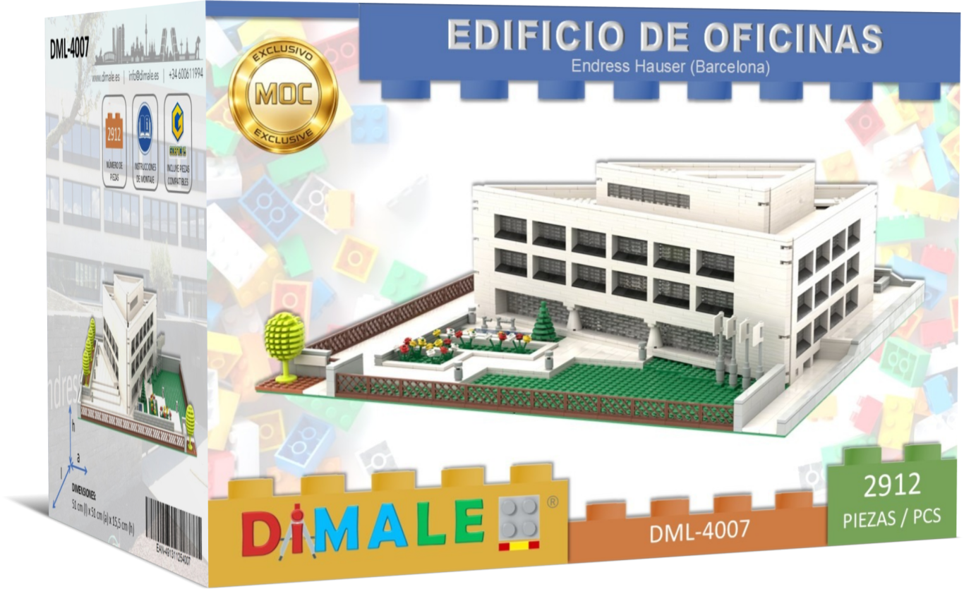 Edificio Endress Hauser Barcelona juego construcción Lego MOC Maqueta de un edificio de oficinas con jardín, de la marca Dimale.