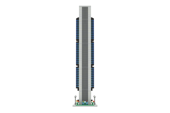 Edificio Fóster Cepsa Moeve - III Torre vertical con paneles solares y base decorativa.