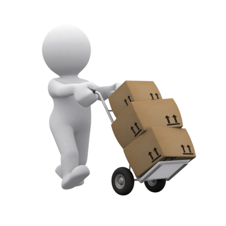 Persona de dibujos animados empujando un carro con cajas de cartón.