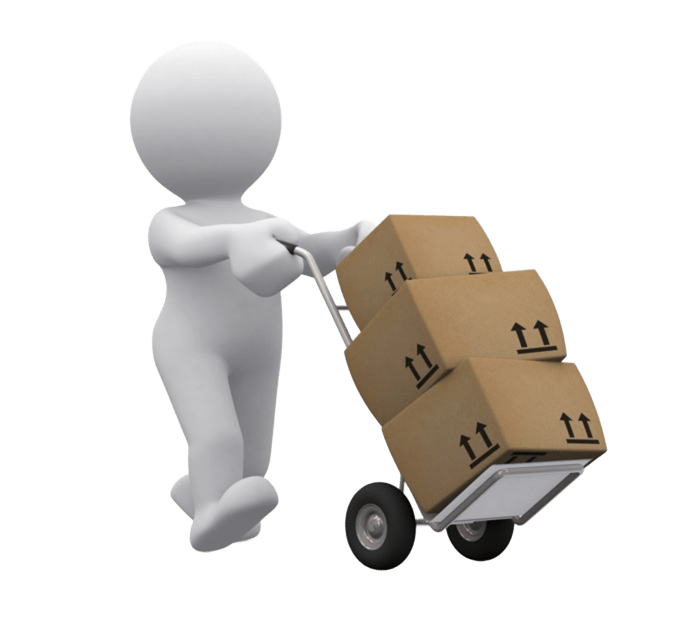 Persona de dibujo animado empujando un carro con cajas de cartón.