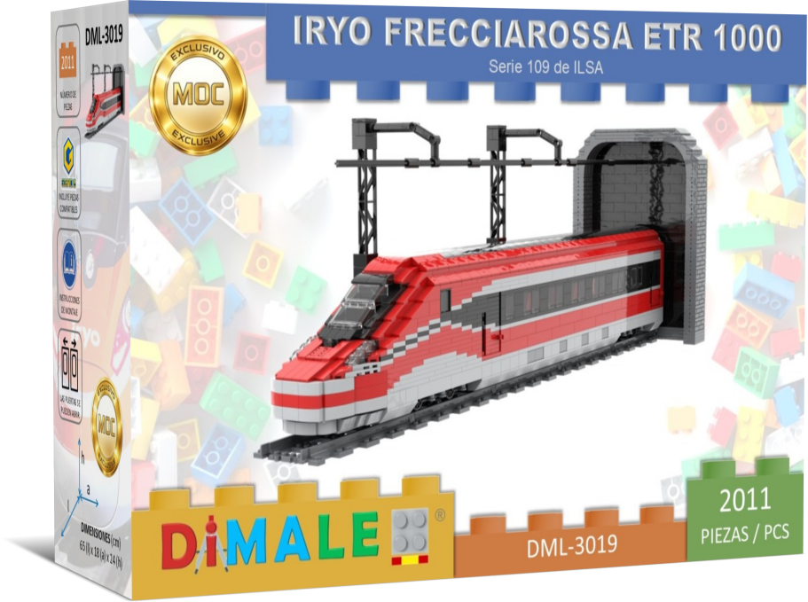 Tren de juguete Frecciarossa ETR 3000 en una caja colorida.