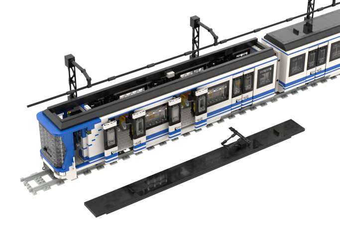 CAF serie 2000 (2 módulos) - IV Tren de modelo detallado en azul y blanco con un riel negro al lado.