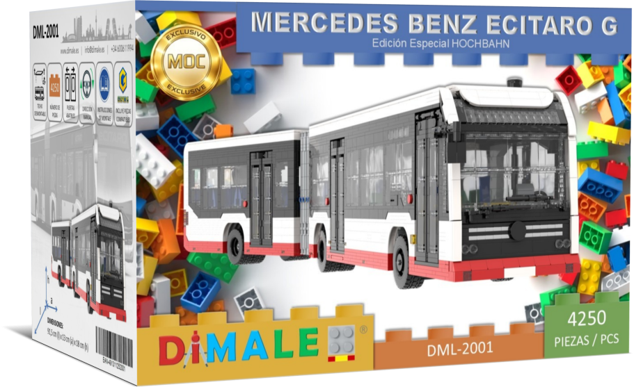 Mercedes Benz Ecitaro G juego construcción Lego MOC Caja de construcción de un autobús Mercedes Benz Citaro G, con bloques de colores.
