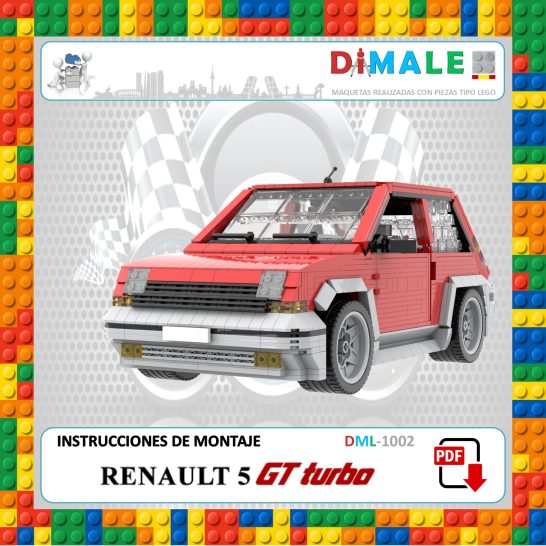 Maqueta en bloques de un Renault 5 GT Turbo en un fondo colorido de bloques.