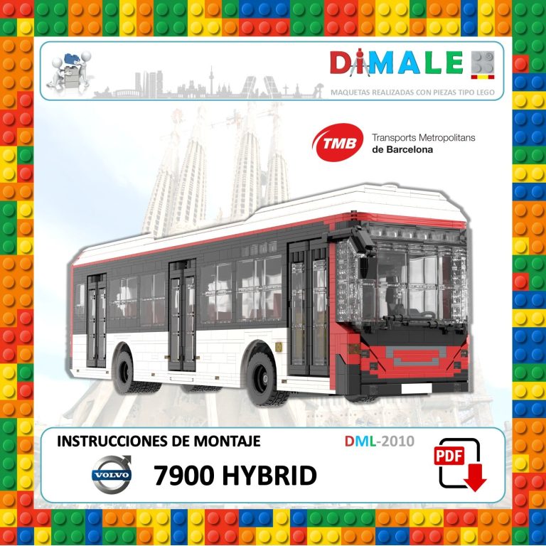 Autobús híbrido de juguete con instrucciones de montaje en español.