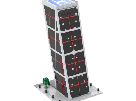 Edificio Puerta de Europa Kío (Madrid) MOC Lego - Vista exterior 2 Edificio moderno inclinado con paneles solares y árboles en la base.