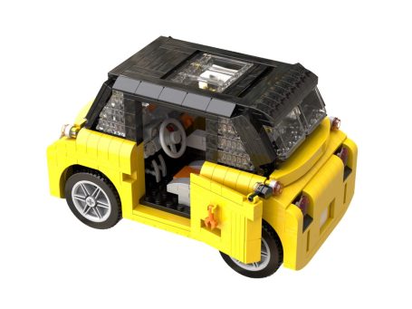 Coche Citroën AMI MOC Lego - Puerta abierta Coche de juguete Lego amarillo con puertas que se abren y detalles en el interior.