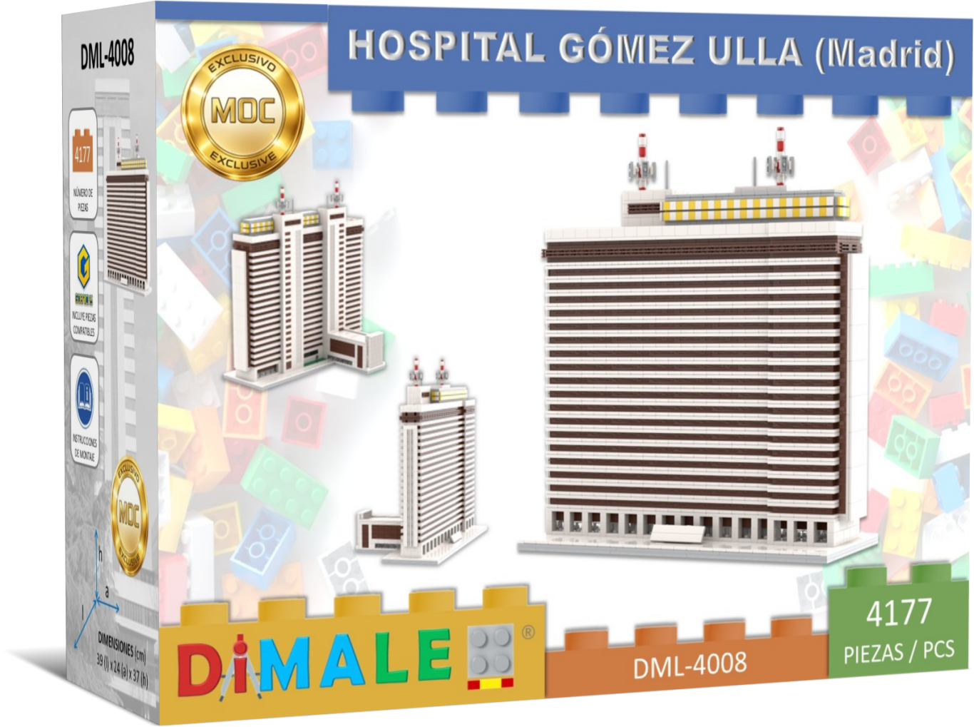 Modelo de construcción del Hospital Gómez Ulla en Madrid. Incluye edificios y detalles arquitectónicos.