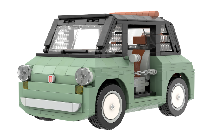 Coche de juguete de bloques, color verde con detalles en negro y interior marrón.
