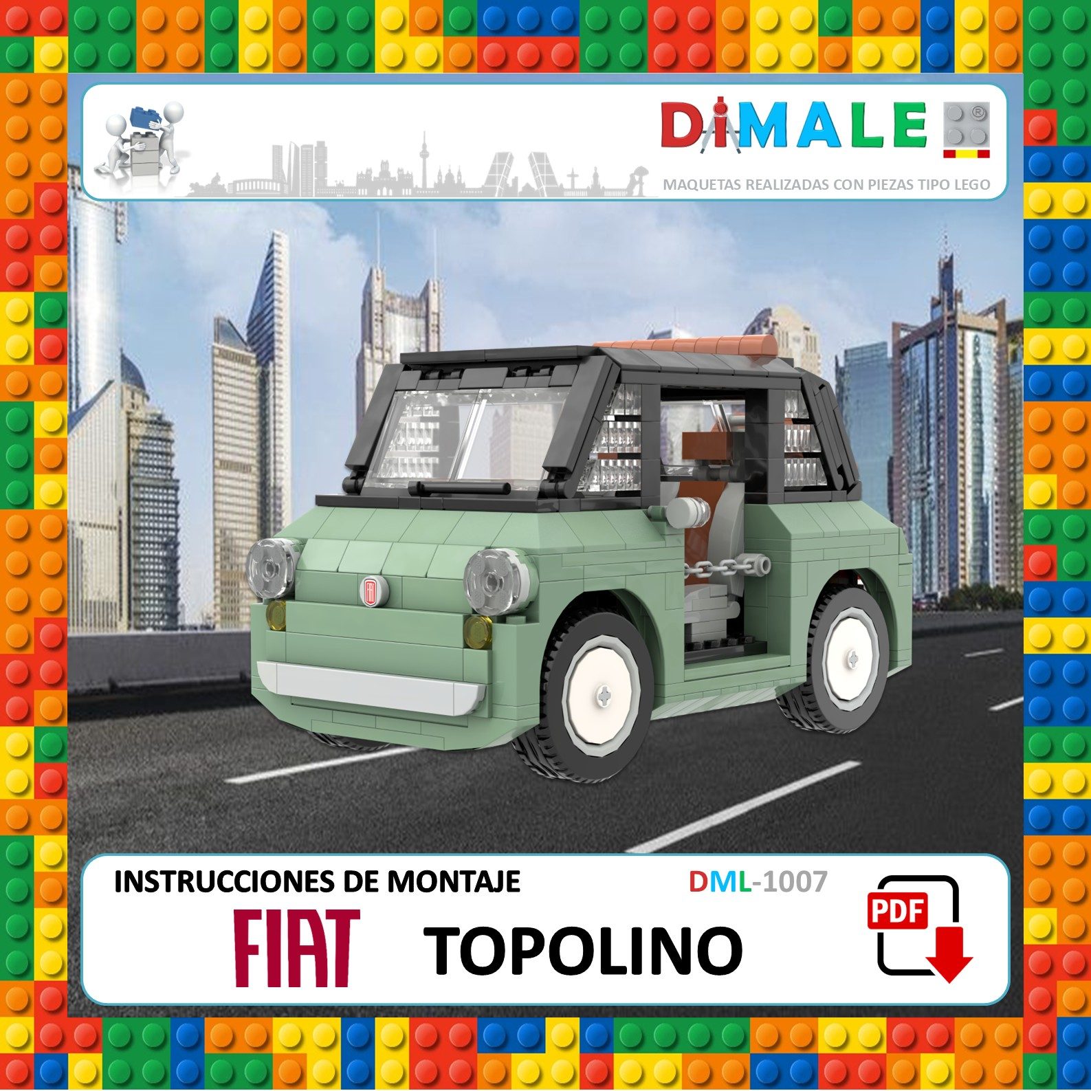 Maqueta de un coche Fiat Topolino con instrucciones de montaje sobre fondo urbano.