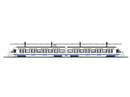 Tren CAF Serie 8000 Metro de Madrid MOC Lego - Vista lateral Tren CAF Serie 8000 Metro de Madrid de diseño moderno en colores azul y blanco, con dos secciones conectadas.