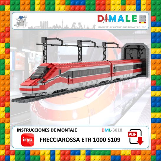 Tren de alta velocidad ETR 1000 Frecciarossa en un entorno de bloques de construcción.