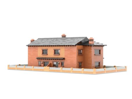 Casas en la montaña MOC Lego - Vista exterior 3 Casa de dos pisos de ladrillo con techo a dos aguas y cerca blanca.