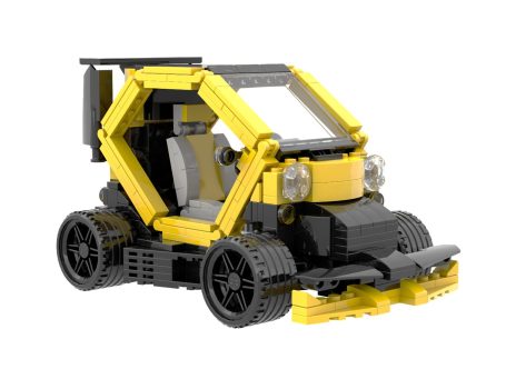 Coche Renault Twizy Sport F1 MOC Lego - Vista delantera Coche de juguete construido con piezas de LEGO en amarillo y negro.