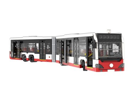 Mercedes Benz Capacity L MOC Lego - Puertas abiertas Autobús articulado con dos secciones, de color blanco y rojo.