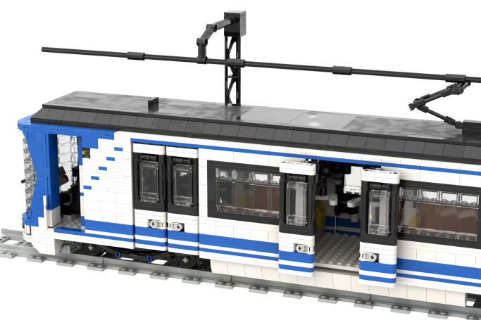 CAF serie 2000 (1 módulo) - IV Modelo de tren en bloques de construcción, con detalles en azul y blanco.