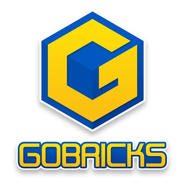 Logotipo de GoBricks, con un hexágono azul y amarillo y la letra "G".