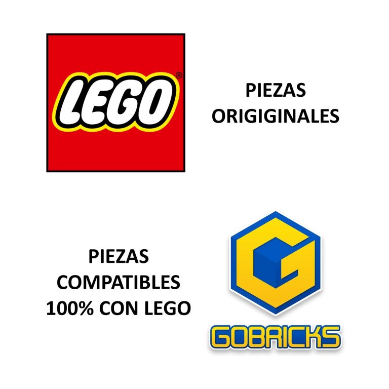 Logotipos de LEGO y GoBricks, con texto sobre piezas originales y compatibles.