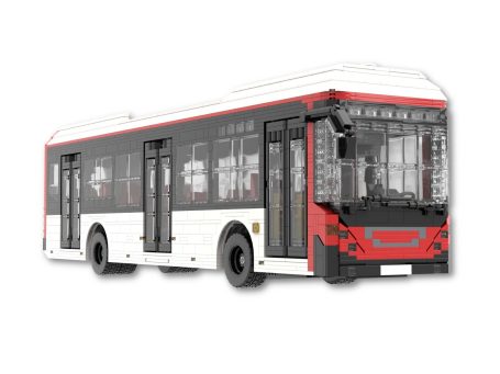 Volvo 7900 Hybrid TMB Barcelona MOC Lego - Parte delantera Autobús urbano de diseño moderno, con carrocería blanca y roja.