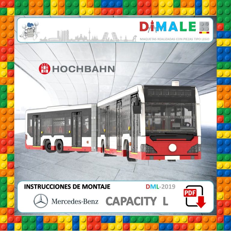 Autobús de diseño moderno con logotipos de Mercedes-Benz y Hochbahn. Instrucciones en la esquina.