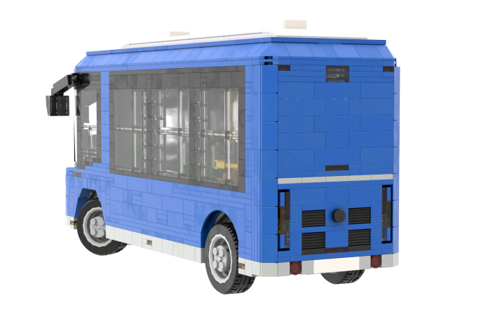 Modelo a escala de un autobús azul con detalles en blanco y ventanas.