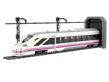 Tren Alta Velocidad CAF OARIS Renfe MOC Lego - Parte delantera Tren de alta velocidad blanco y rosa saliendo de un túnel.