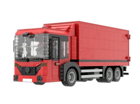 Camión Mercedes Benz Econic MOC Lego - Vista delantera Camión de juguete rojo de bloques, con cabina y caja de carga detalladas.